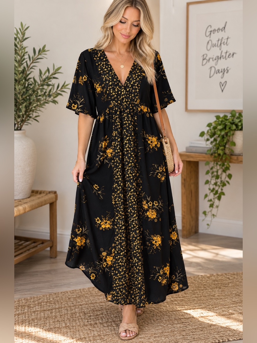 Band of Gypsies Black Maxi Dress with Mustard Floral Print
